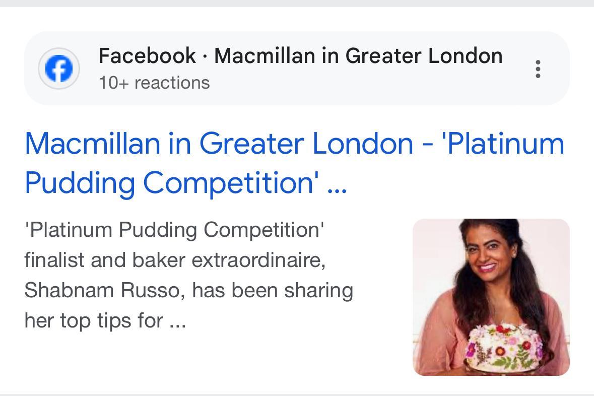 Facebook Macmillan Greater London Platinum Pudding Competition Shabnam Russo